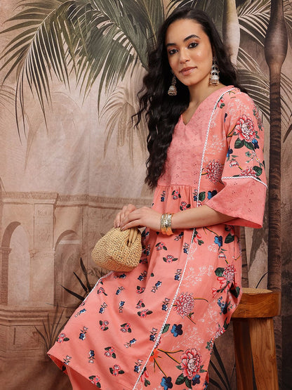 Dhiyona SN Women's Floral Print Schiffli Embroidered Lace Insert Detail Pure Cotton Kurta & Trousers