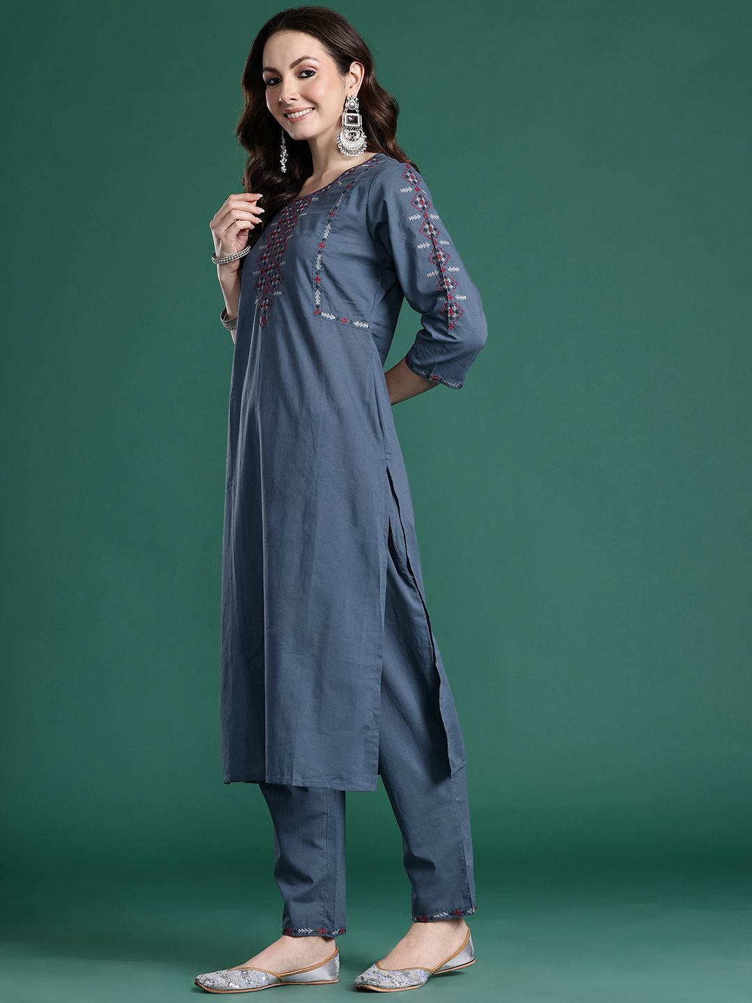 Embroidered Pure Cotton Kurta with Trousers & Dupatta