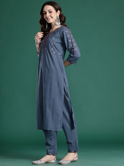 Embroidered Pure Cotton Kurta with Trousers & Dupatta