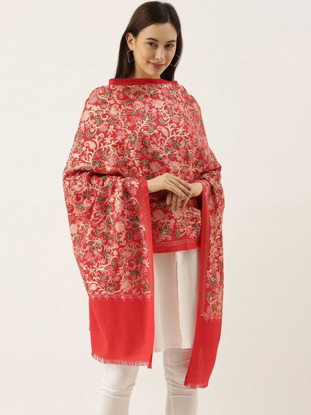 Dhiyona PA Women Red & Pink Nalki Embroidered Pure Woolen Shawl