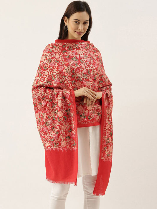 Dhiyona PA Women Red & Pink Nalki Embroidered Pure Woolen Shawl