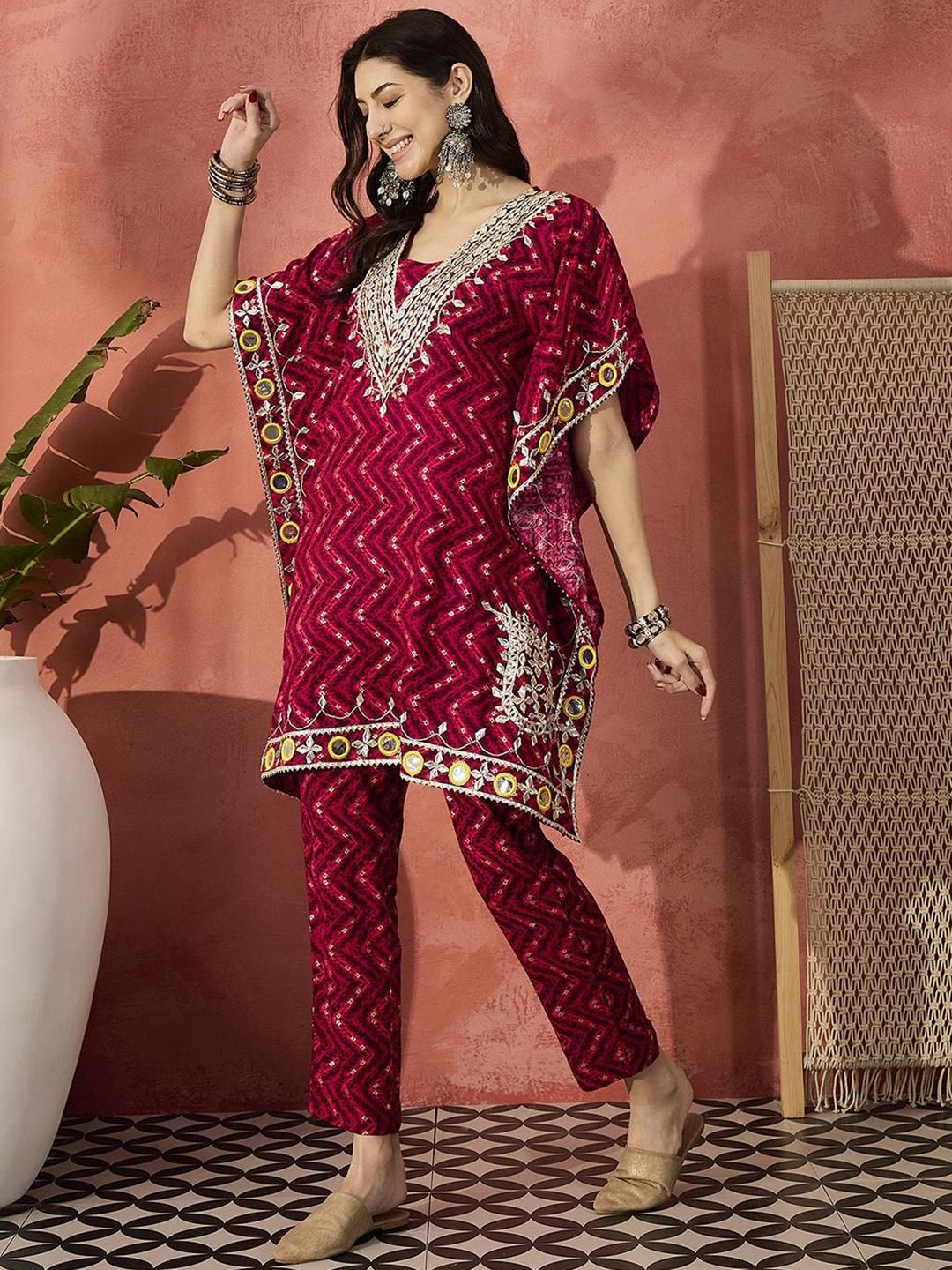 Dhiyona IS Women's Geometric Printed V-Neck Gotta Patti Kaftan Kurti With Trousers