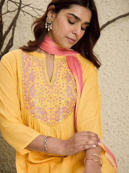 Dhiyona IE Floral Embroidered Mirror Work Pure Cotton A-Line Kurta With Trousers & Dupatta