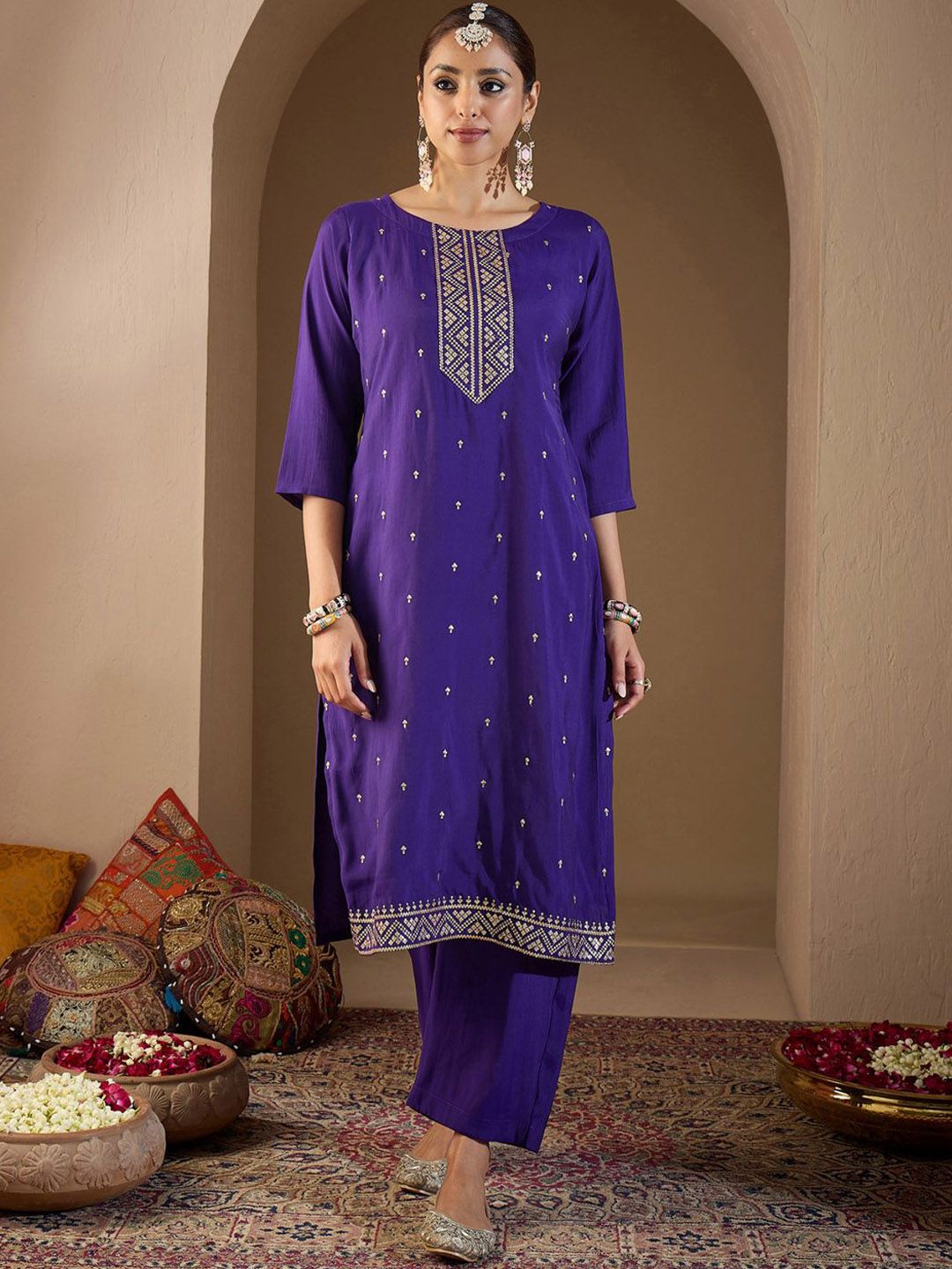 Women Ethnic Motifs Embroidered Regular Sequinned Kurta with Trousers & With Dupatta