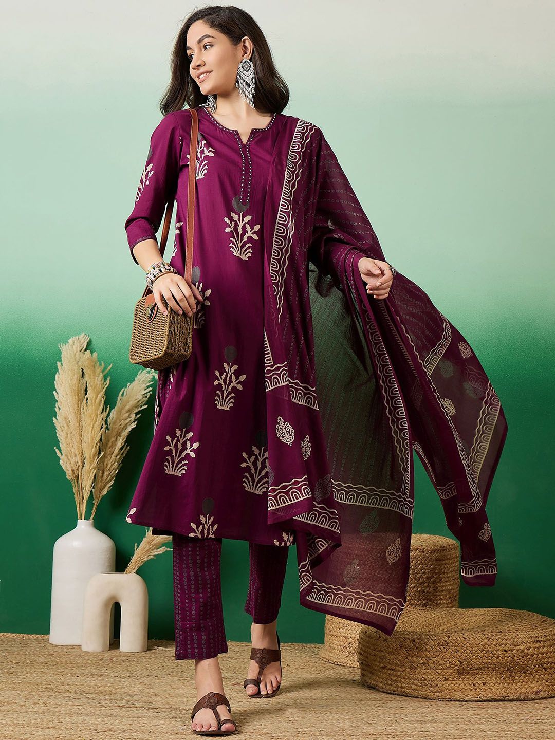 Dhiyona SN Women's Printed Pure Cotton Straight Kurta With Trousers & Dupatta