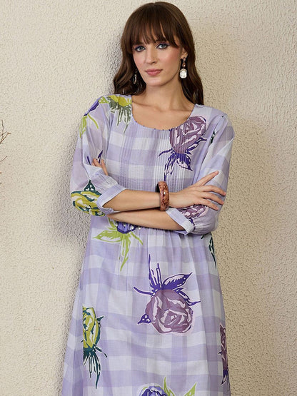 Dhiyona IE Floral Printed Pure Cotton A-Line Kurta With Trouser
