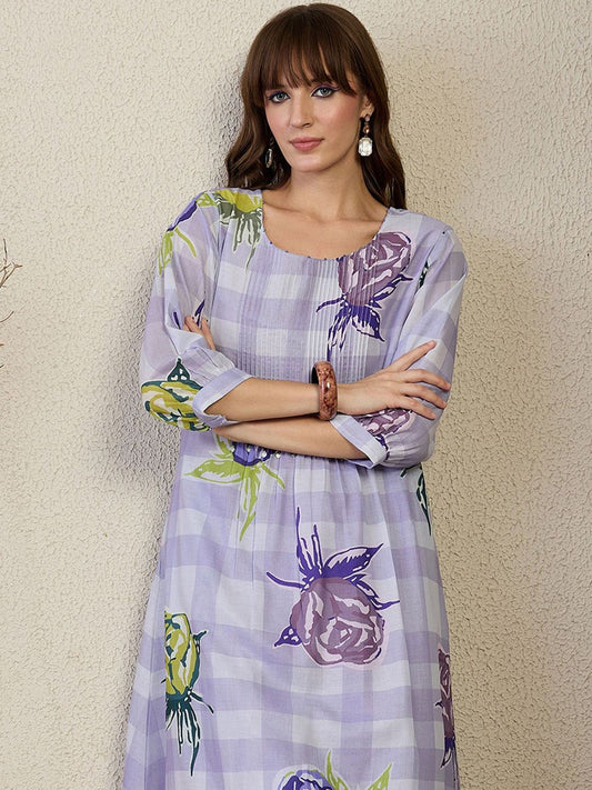 Dhiyona IE Floral Printed Pure Cotton A-Line Kurta With Trouser