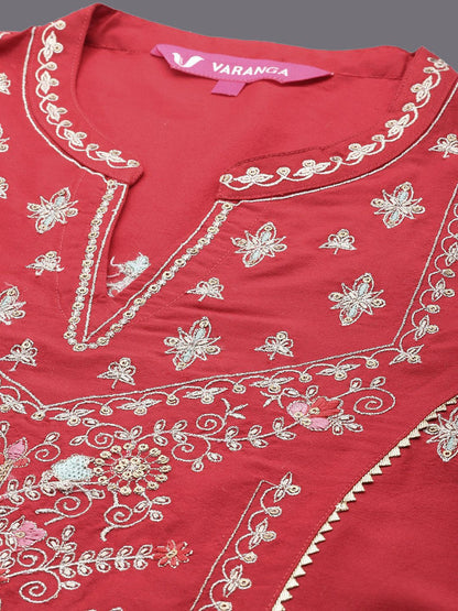 Dhiyona VA Women'sEmbroidered Mandarin Collar Straight Kurta & Trousers With Dupatta