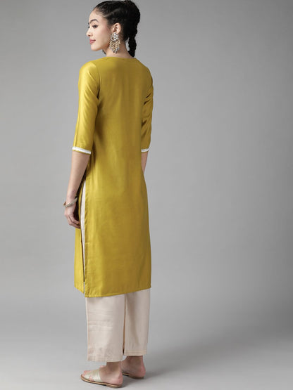 Dhiyona IE Women Green Yoke Design Keyhole Neck Liva Kurta