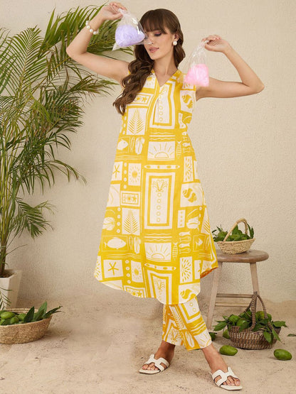 Dhiyona IE Printed Pure Cotton A-Line Tunic & Trousers Co-Ord Set