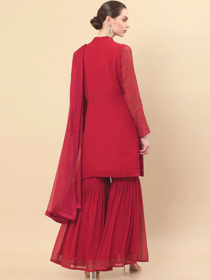 Dhiyona SO Women's Women Red Floral Embroidered Beads and Stones Kurta with Sharara & Dupatta
