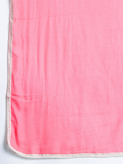 Dhiyona IE Floral Printed Beads and Stones Linen Kurta with Trousers & With Dupatta
