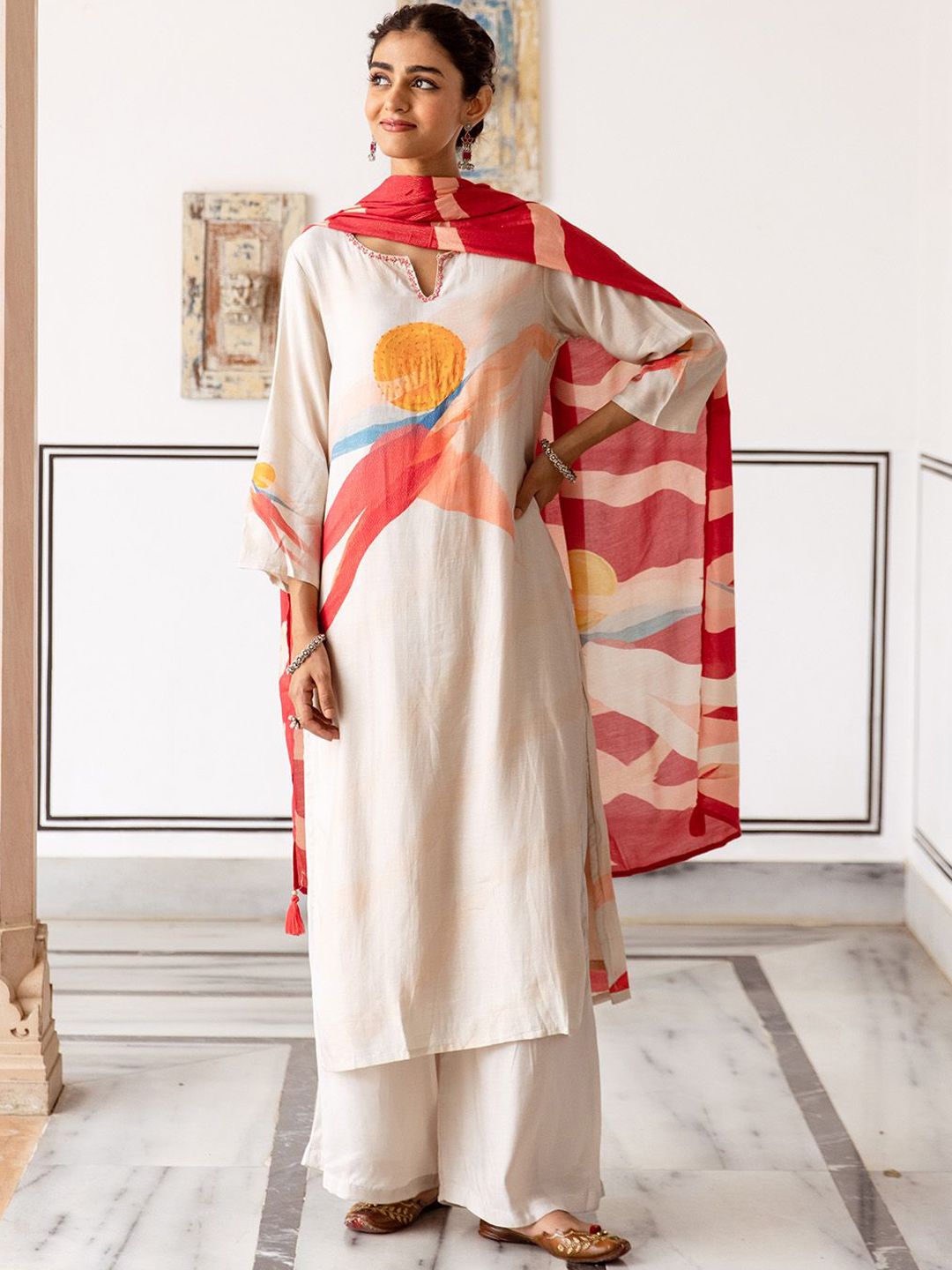 Dhiyona IS Women's Floral Printed Notch Neck Beads And Stones Straight Kurta With Palazzos And Dupatta