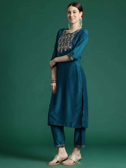 Dhiyona IE Women Floral Embroidered Regular Sequinned Kurta with Trousers & With Dupatta