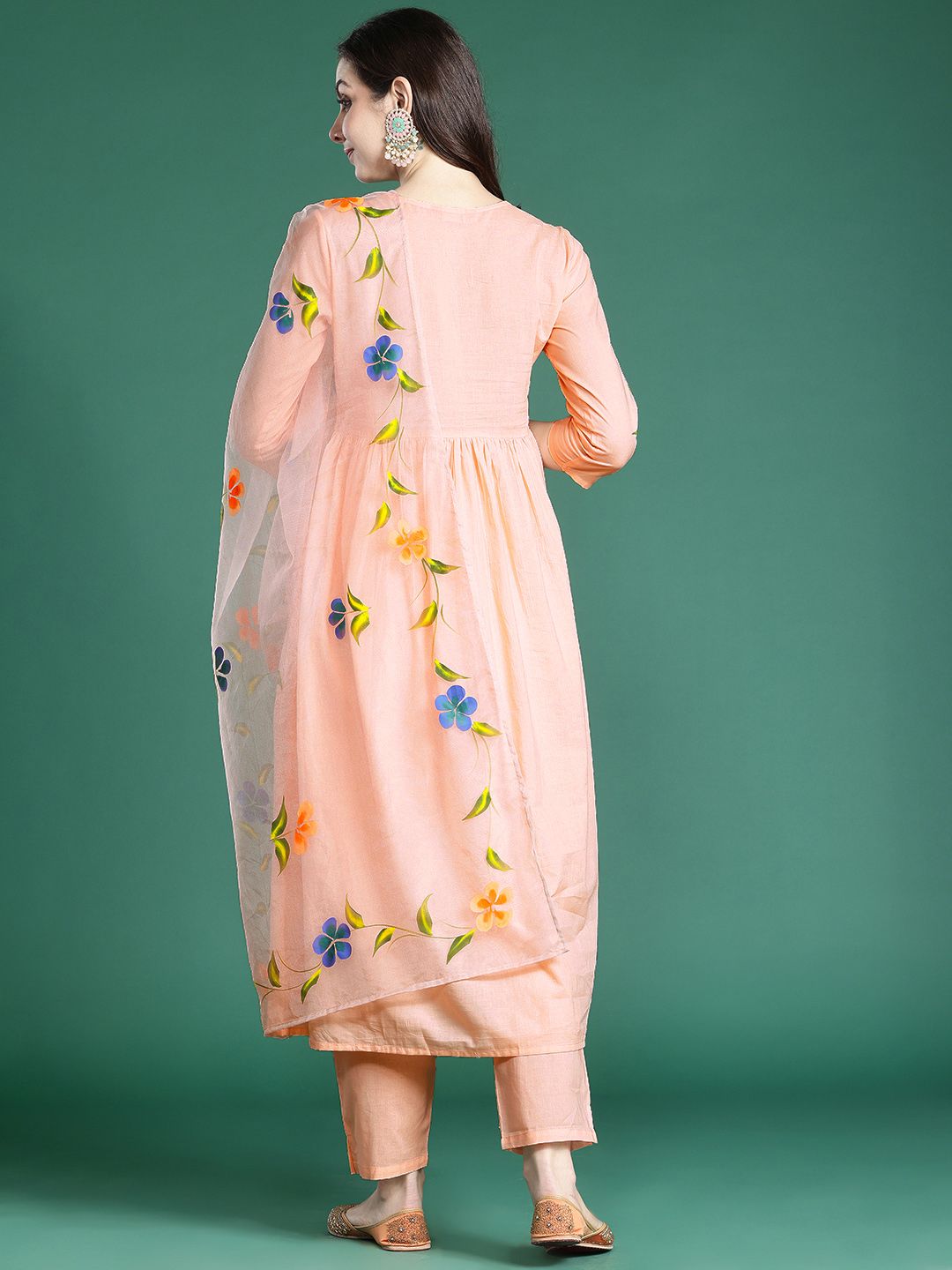 Floral Embroidered Mirror Work Pure Cotton Kurta with Trousers & Dupatta