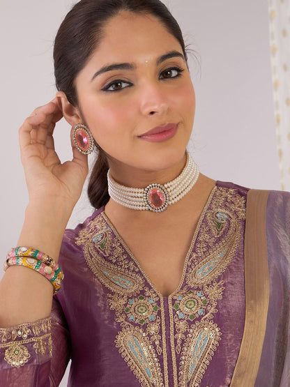 Dhiyona IE Paisley Yoke Design V-Neck Zari Straight Kurta With Trouser And Dupatta