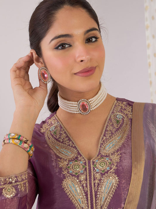 Dhiyona IE Paisley Yoke Design V-Neck Zari Straight Kurta With Trouser And Dupatta