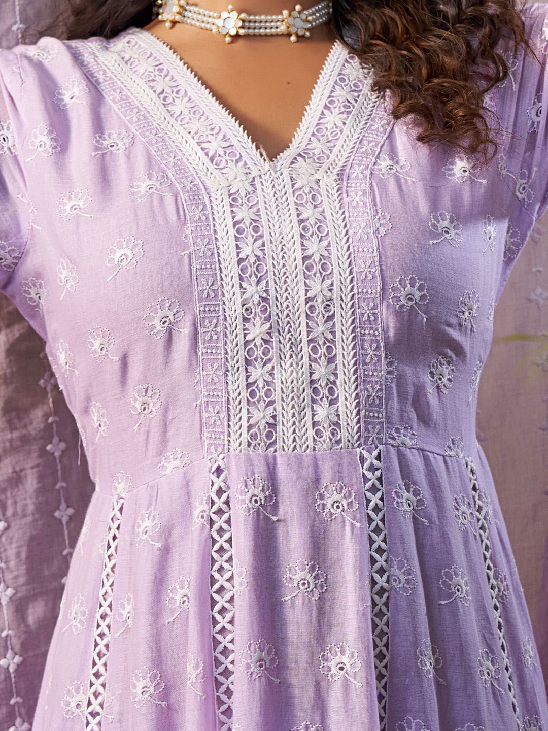 Floral Embroidered Pure Cotton Anarkali Kurta With Trousers & Dupatta