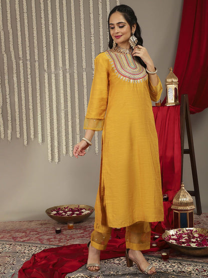Dhiyona VA Women'sMustard Yellow Ethnic Motifs Embroidered Kurta with Palazzos & With Dupatta