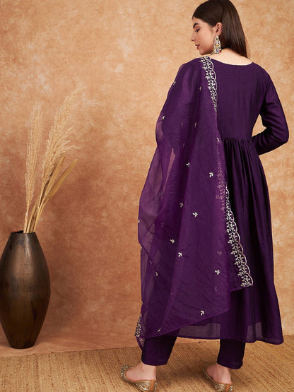 Dhiyona SN Women's Purple V- Neck Empire A-Line Kurta & Trousers With Dupatta