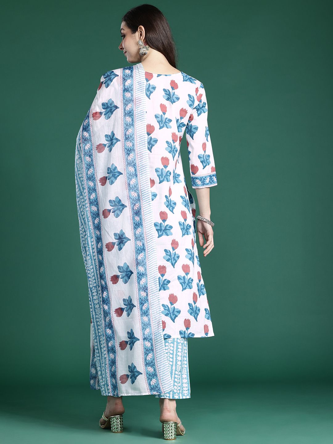 Floral Printed Beads and Stones Pure Cotton Kurta with Trousers & With Dupatta