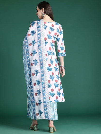 Floral Printed Beads and Stones Pure Cotton Kurta with Trousers & With Dupatta