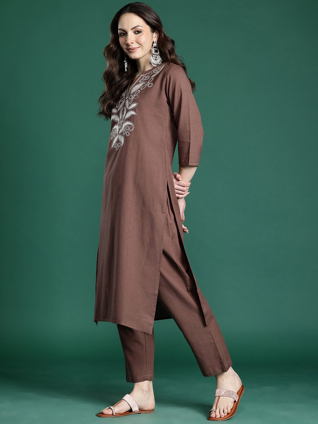 Dhiyona IE Floral Embroidered Pure Cotton Kurta with Trousers