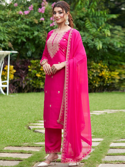 Dhiyona IE Floral Embroidered Thread Work Kurta with Trousers & Dupatta