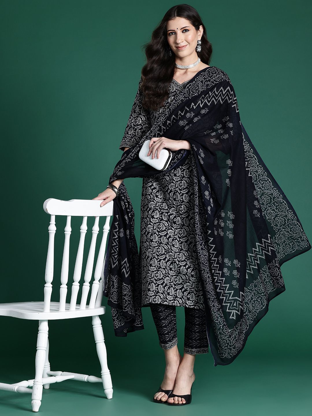 Dhiyona IE Women Ethnic Motifs Printed Regular Pure Cotton Kurta with Trousers & With Dupatta