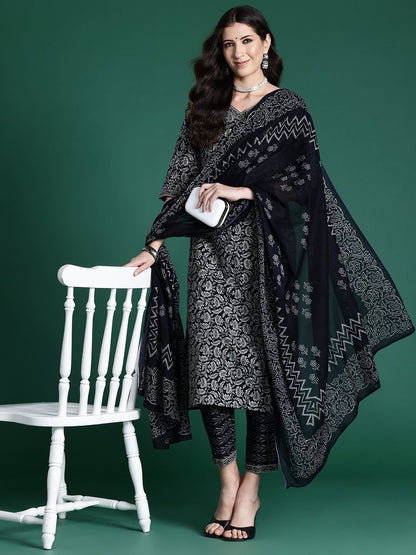 Dhiyona IE Women Ethnic Motifs Printed Regular Pure Cotton Kurta with Trousers & With Dupatta