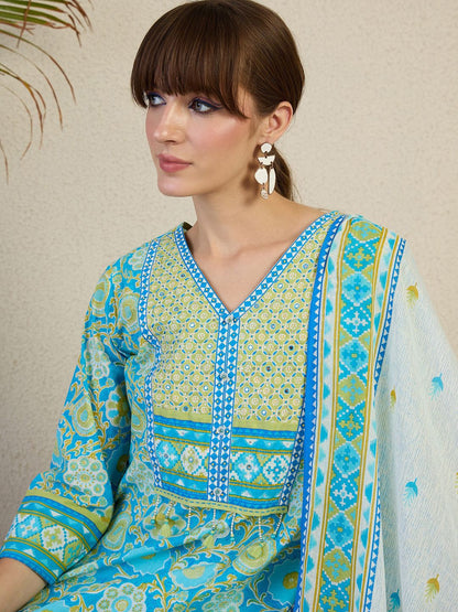 Women Floral Printed Cotton Kurta with Trousers & Dupatta