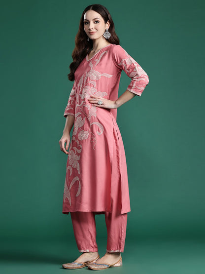 Dhiyona IE Floral Embroidered Sequinned Pure Cotton Kurta with Trousers