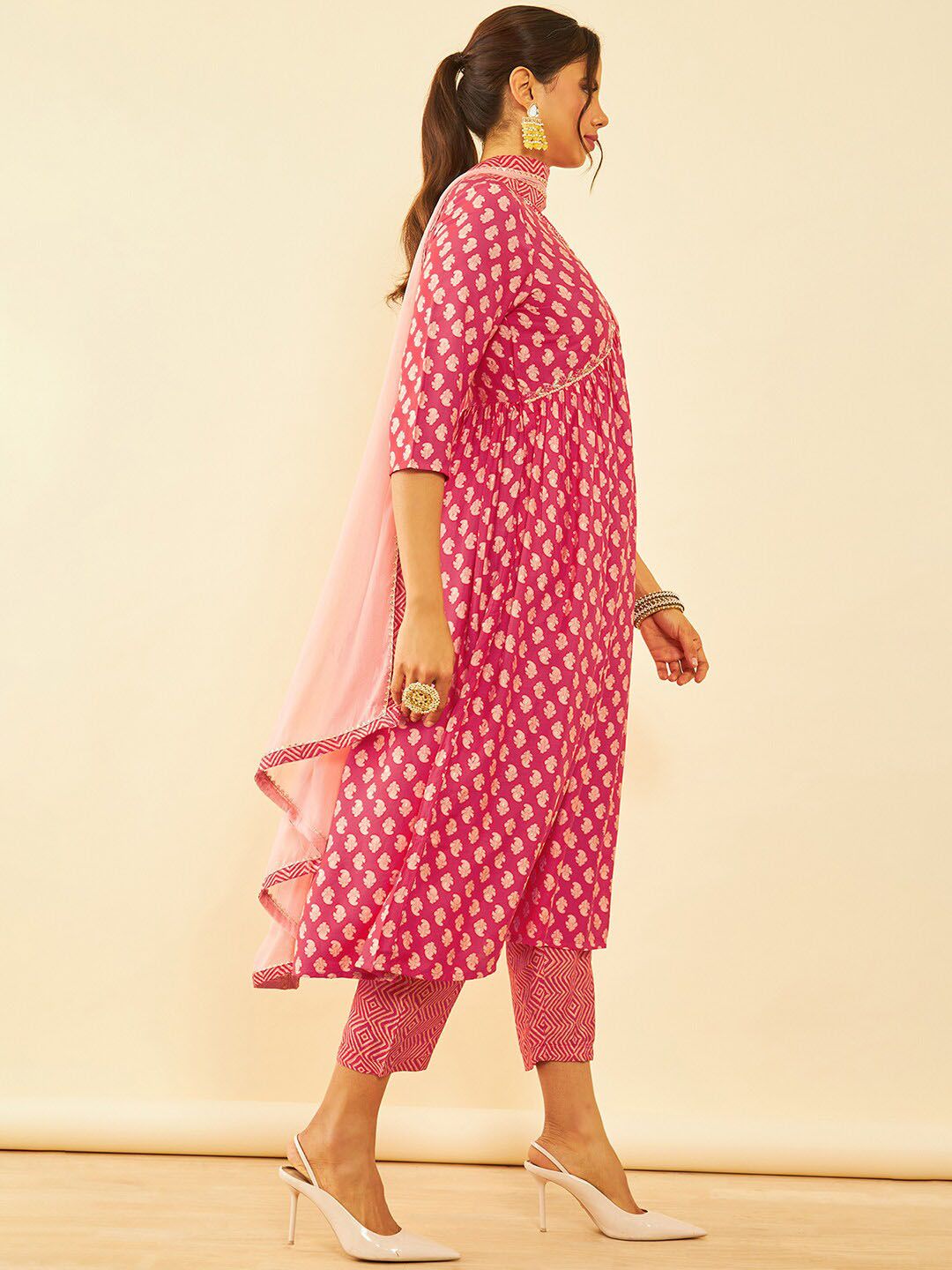 Dhiyona SO Women's Paisley Printed Sequinned V-Neck A-Line Kurta with Trousers & Dupatta