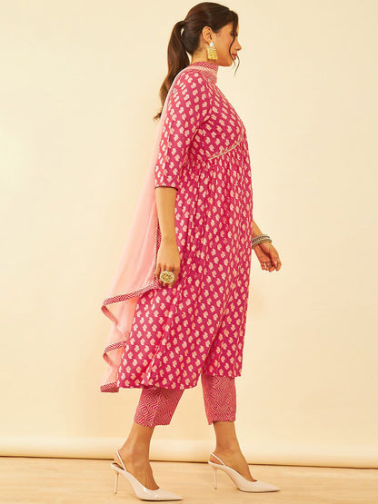 Dhiyona SO Women's Paisley Printed Sequinned V-Neck A-Line Kurta with Trousers & Dupatta