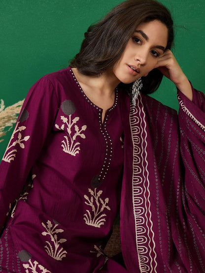 Dhiyona SN Women's Printed Pure Cotton Straight Kurta With Trousers & Dupatta