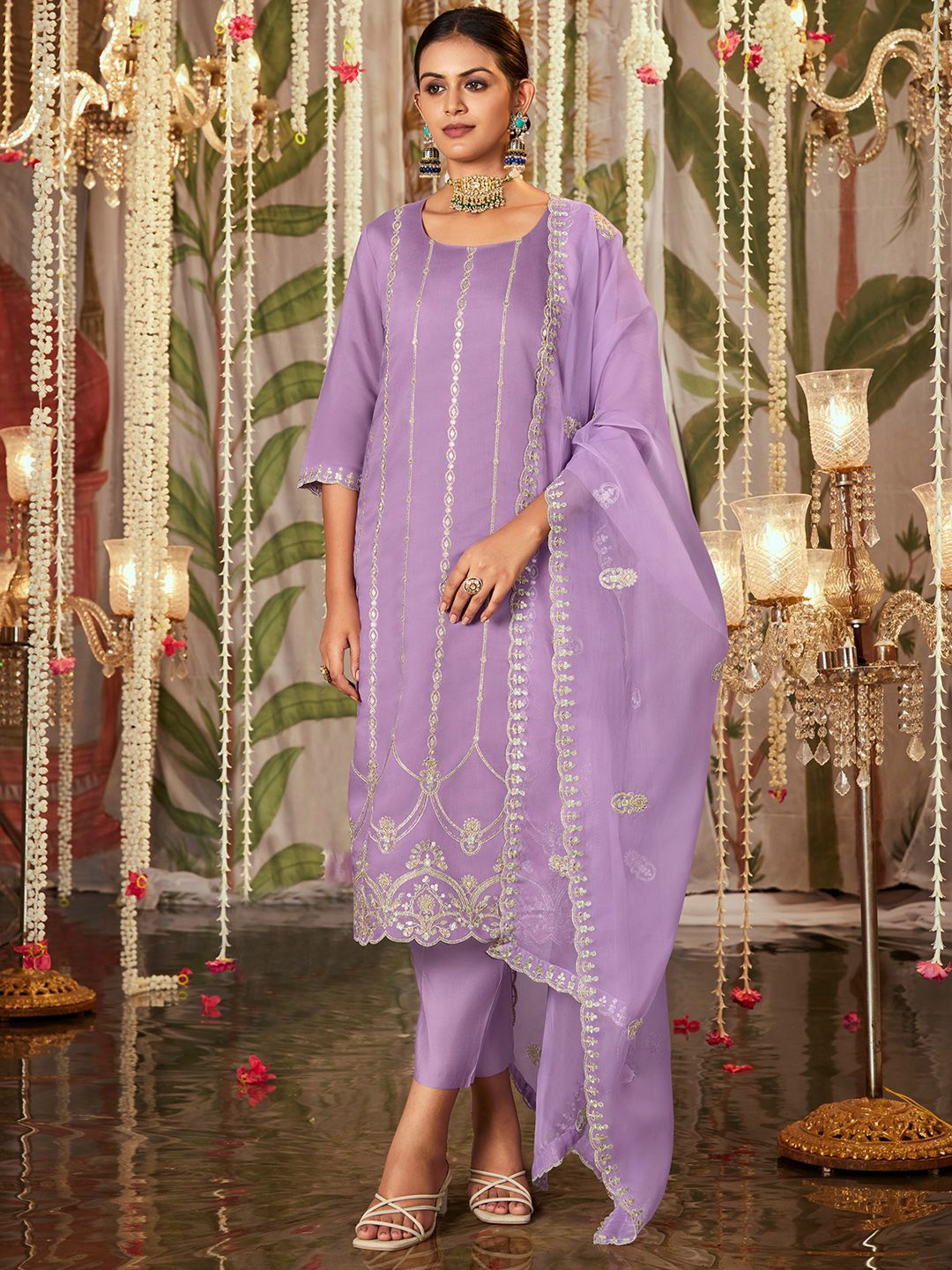Women Ethnic Motifs Embroidered Regular Thread Work Kurta with Trousers & With Dupatta