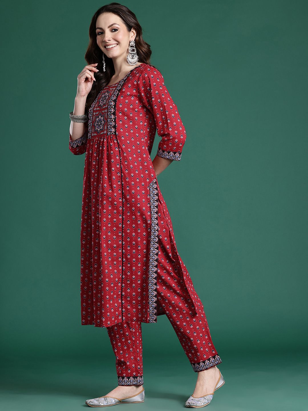 Dhiyona IE Ethnic Motifs Printed Pure Cotton Kurta with Trousers & Dupatta