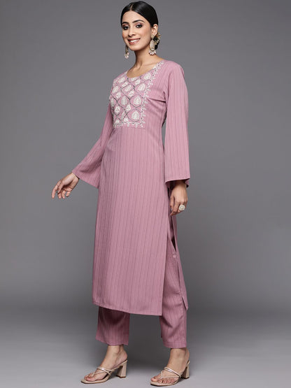 Dhiyona VA Women's Mauve Ethnic Motifs Yoke Design Kurta with Trousers & With Dupatta