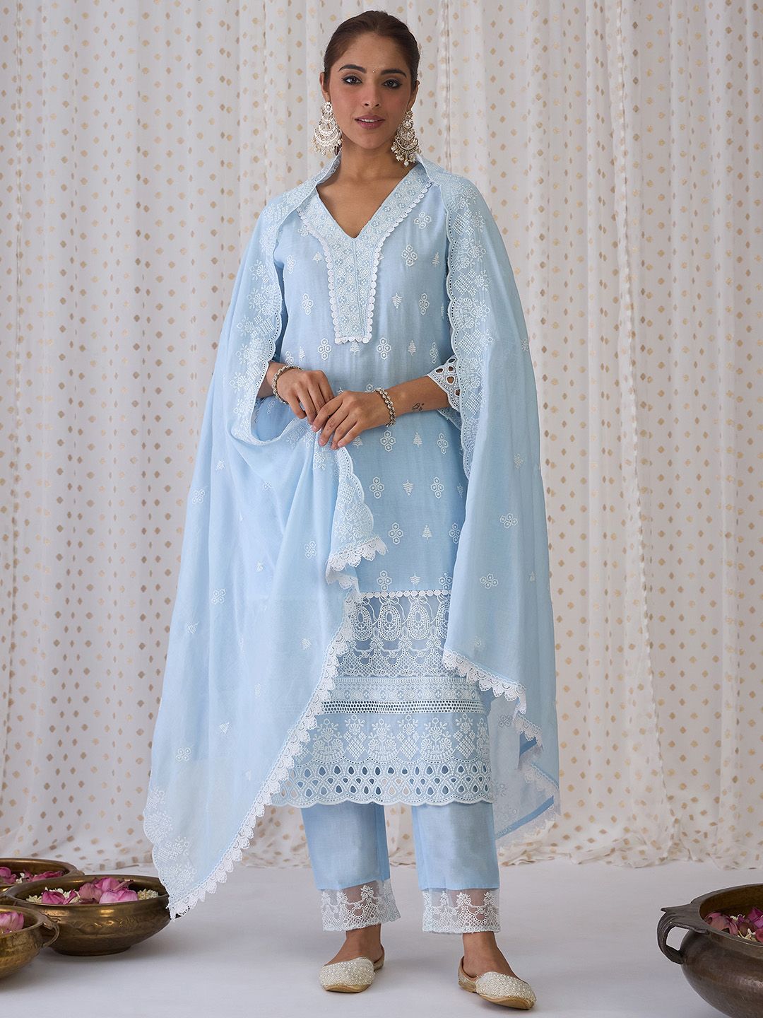Dhiyona IE Blue Floral Embroidered Thread Work Pure Cotton Kurta With Trousers & Dupatta