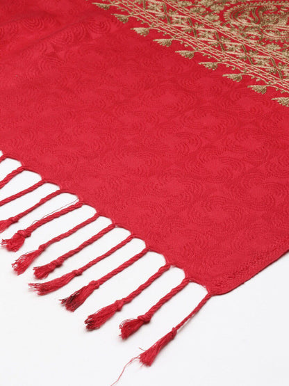 Dhiyona PA Women Red & Silver-Toned Embroidered Shawl