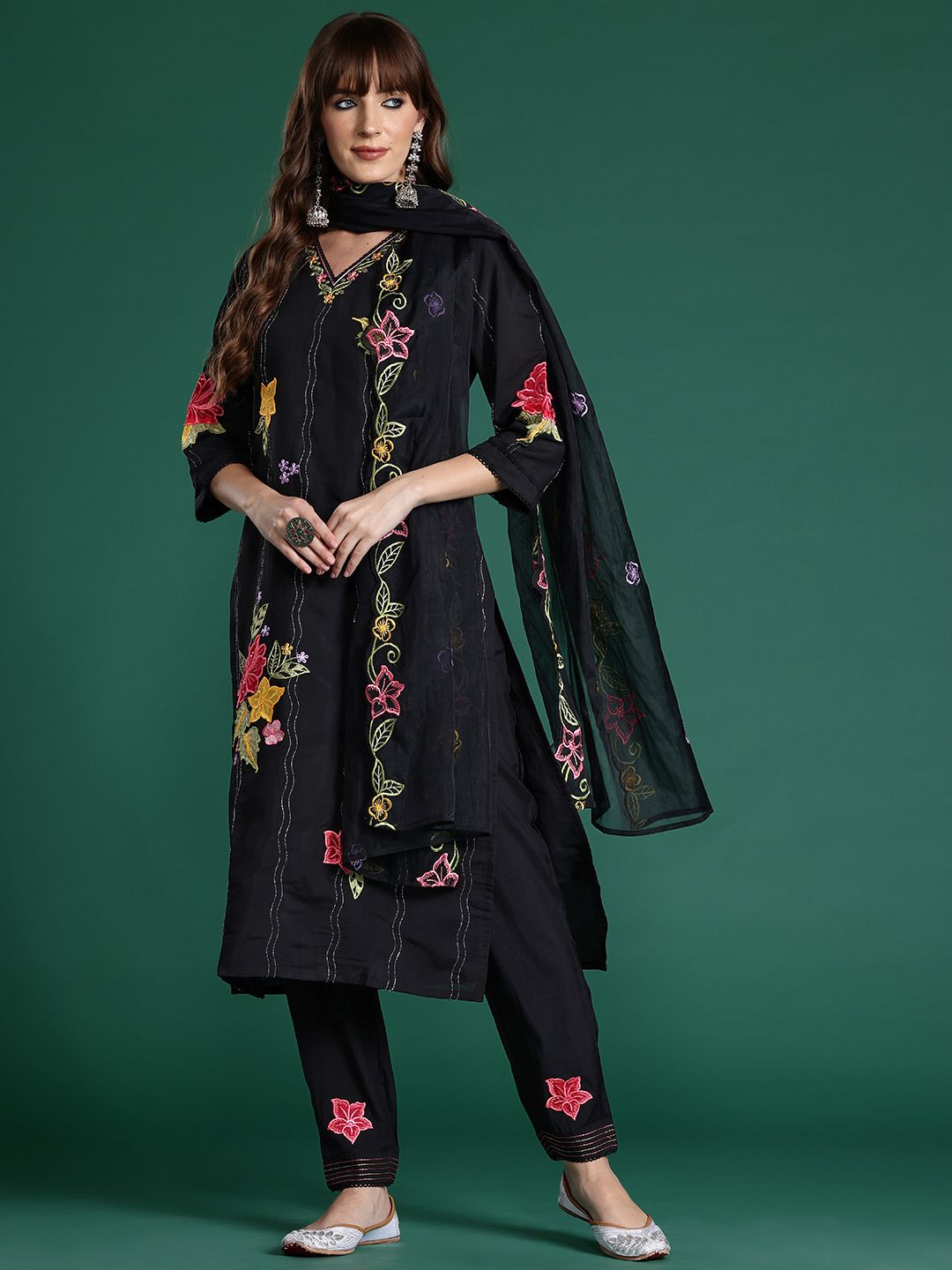 Floral Embroidered Sequinned Kurta With Trousers & Dupatta