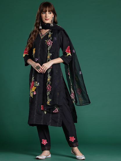 Floral Embroidered Sequinned Kurta With Trousers & Dupatta