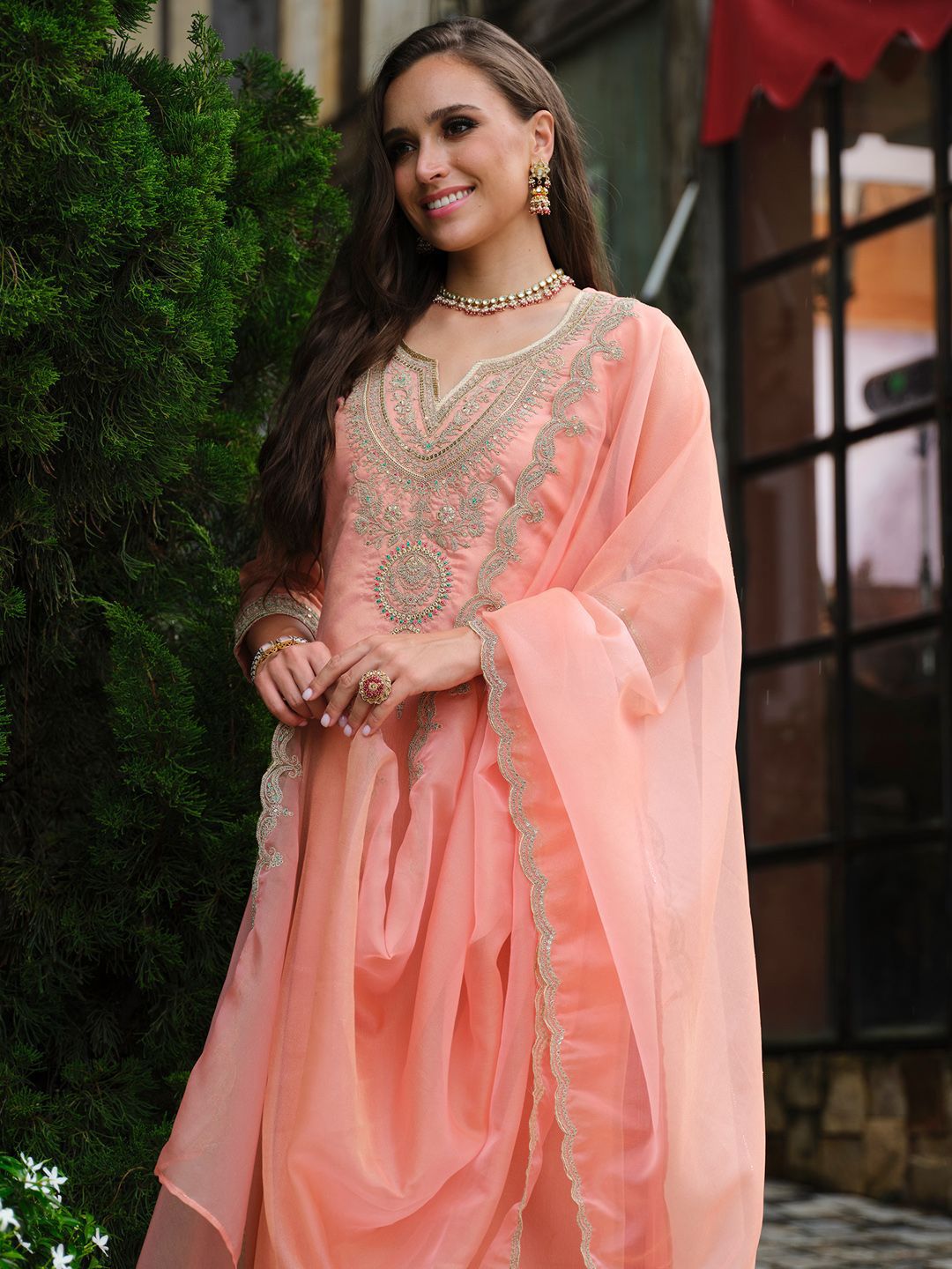 Dhiyona IE Floral Yoke Design Notch Neck Straight Kurta With Trousers & Dupatta