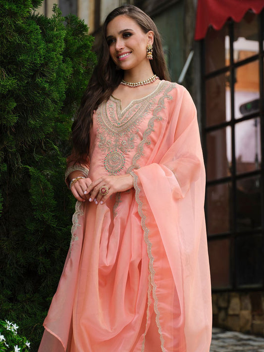 Dhiyona IE Floral Yoke Design Notch Neck Straight Kurta With Trousers & Dupatta