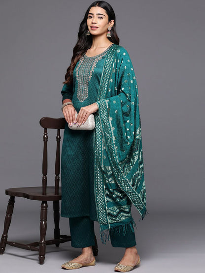 Dhiyona VA Women'sEthnic Motifs Zari Embroidered Yoke Kurta & Trousers With Dupatta