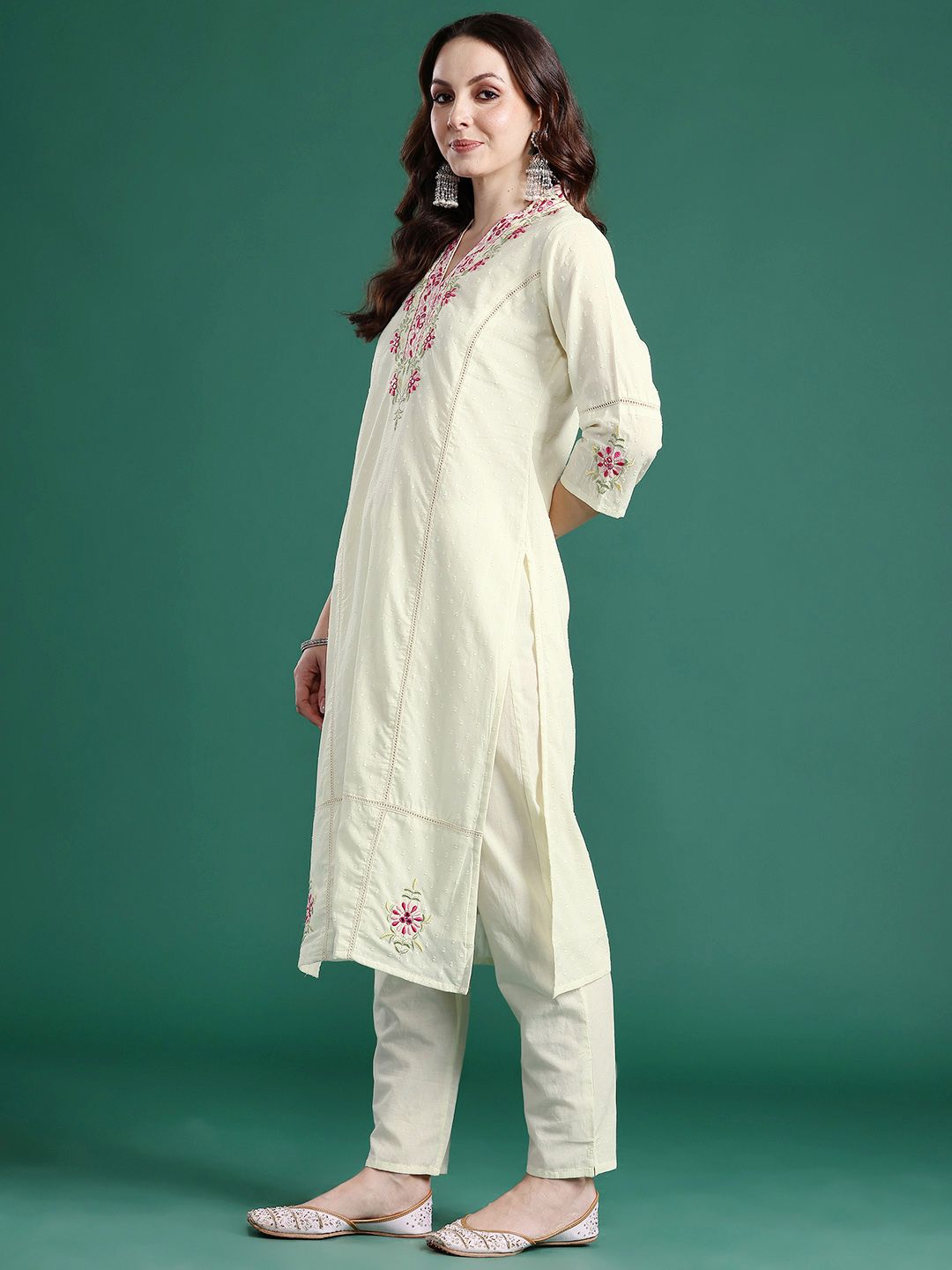Floral Embroidered Pure Cotton Kurta with Trousers & Dupatta