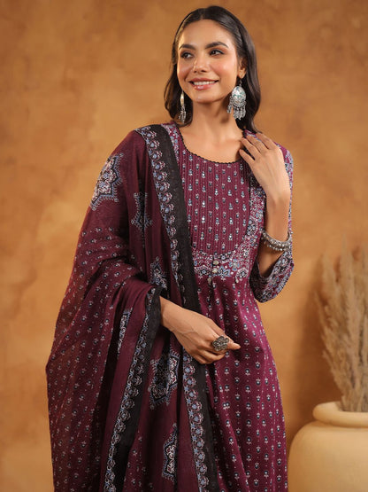 Floral Printed Pure Cotton Kurta With Trousers And Dupatta