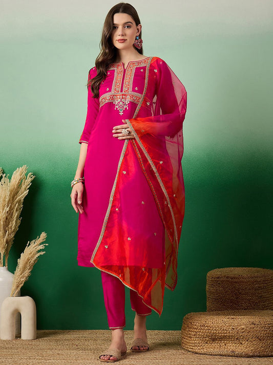 Dhiyona SN Women's Notch Neck Embroidered Straight Kurta With Trouser & Dupatta Set
