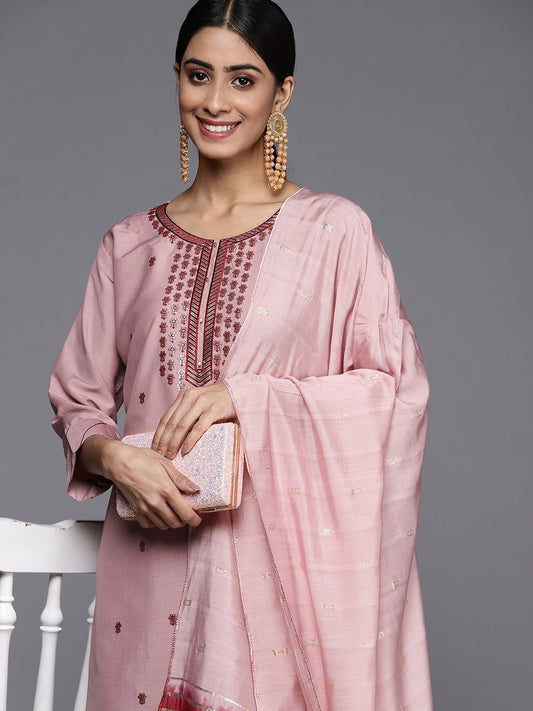 Dhiyona VA Women's Pink Ethnic Motifs Embroidered Sequinned Kurta with Trousers & With Dupatta