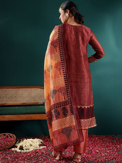 Dhiyona VA Women's Printed Regular Sequinned Chanderi Silk Kurta with Trousers & With Dupatta